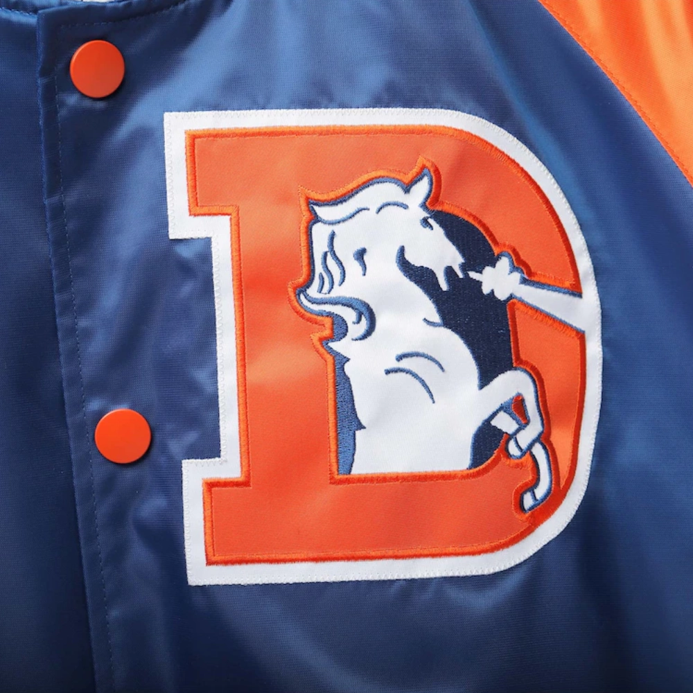 Denver broncos lead off full snap satin varsity jacket blue orange 1