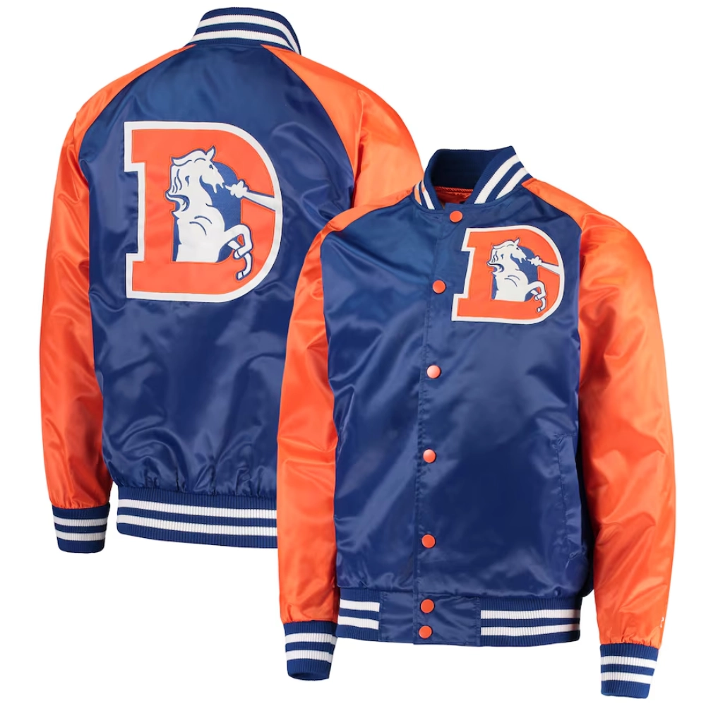 Denver broncos lead off full snap satin varsity jacket blue orange
