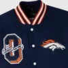 Denver broncos navy grey full snap wool varsity front detail