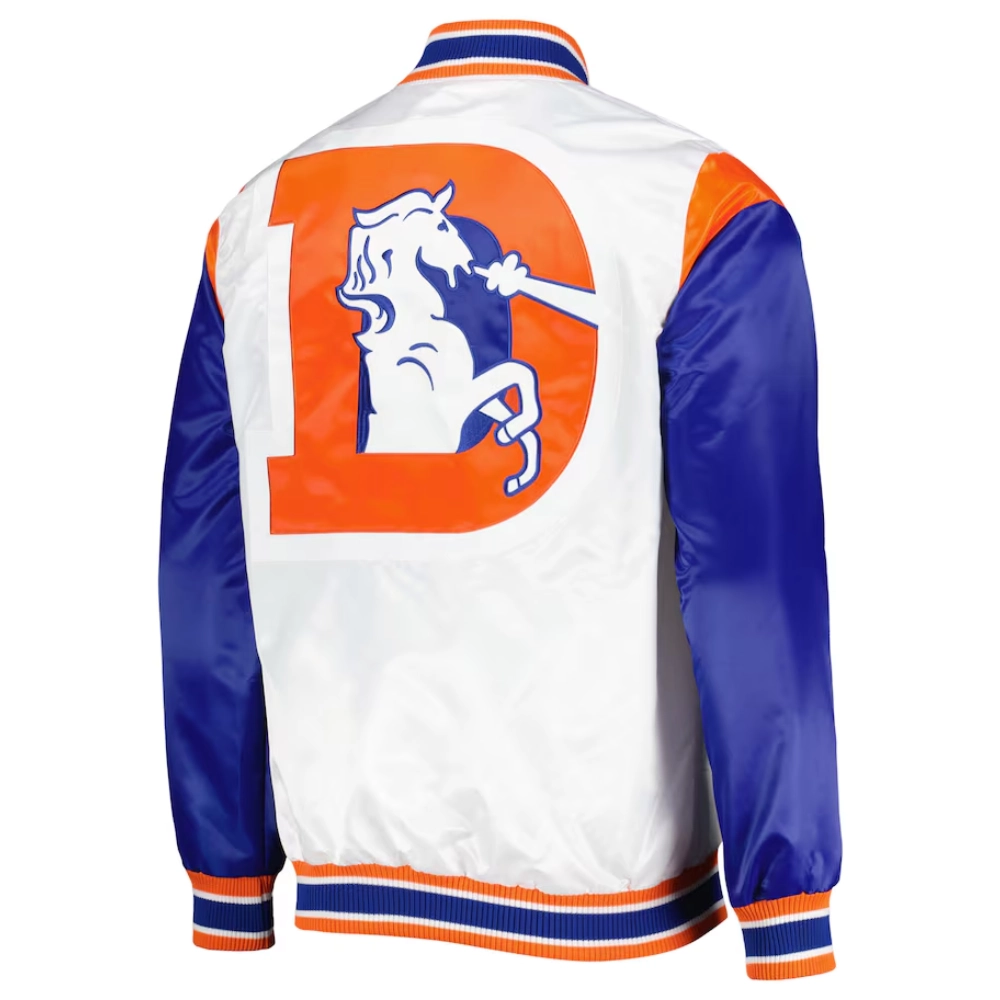 Denver broncos pitch full snap satin varsity jacket white blue 1