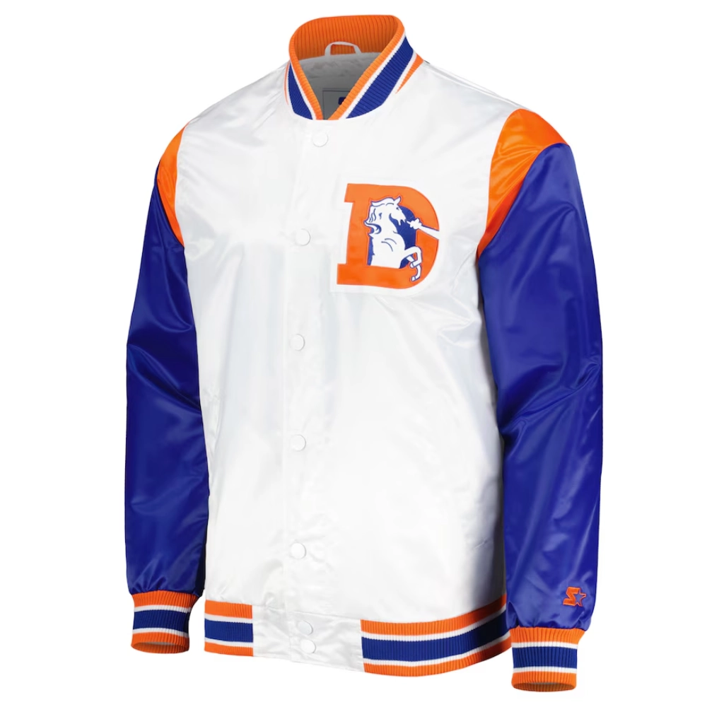 Denver broncos pitch full snap satin varsity jacket white blue 2