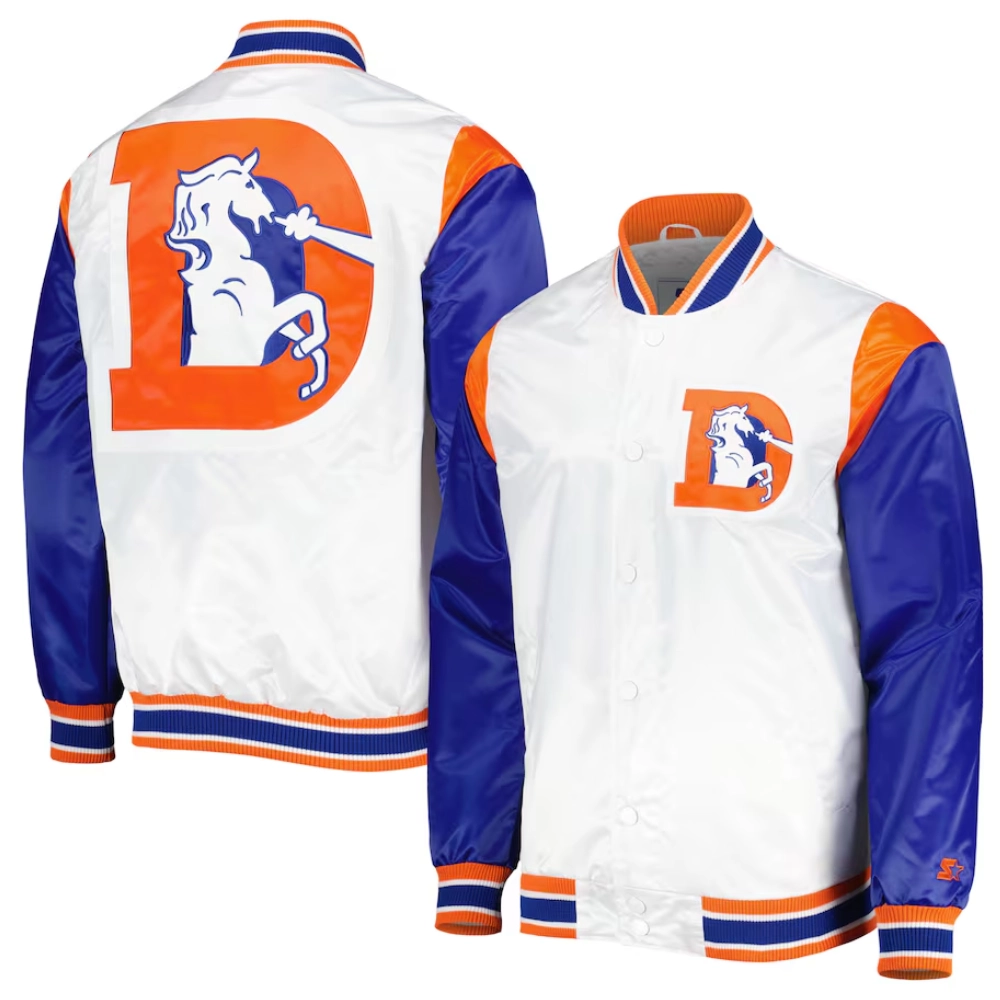 Denver broncos pitch full snap satin varsity jacket white blue 3