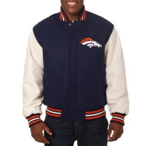Denver broncos two tone real wool leather varsity jacket navy white 1