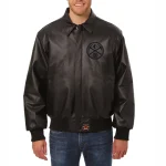 Denver Nuggets Shirt Collar Full Black Leather Bomber Jacket