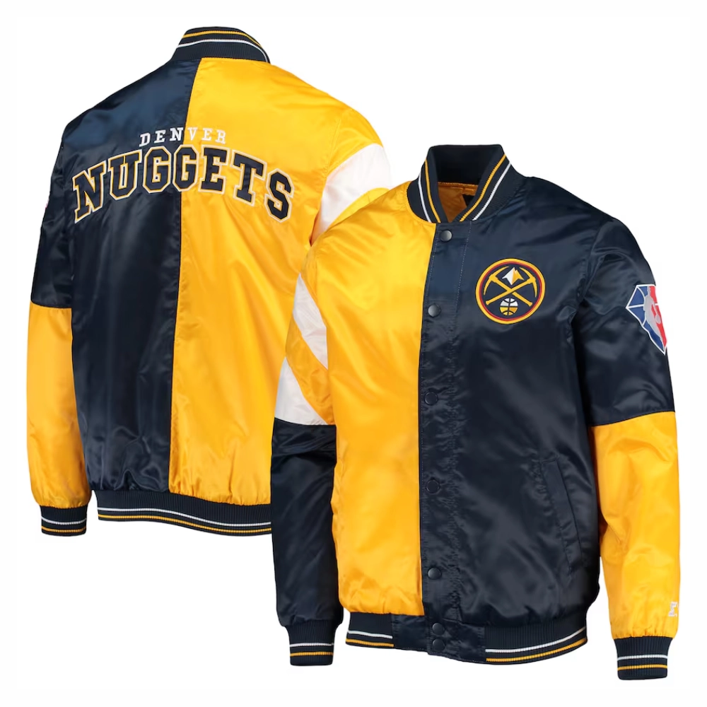 Denver nuggets leader satin varsity jacket yellownavy 1