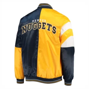 Denver nuggets leader satin varsity jacket yellownavy 4