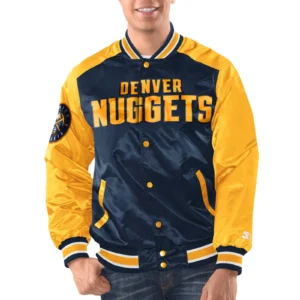 Denver nuggets renegade satin varsity jacket navy yellow 1