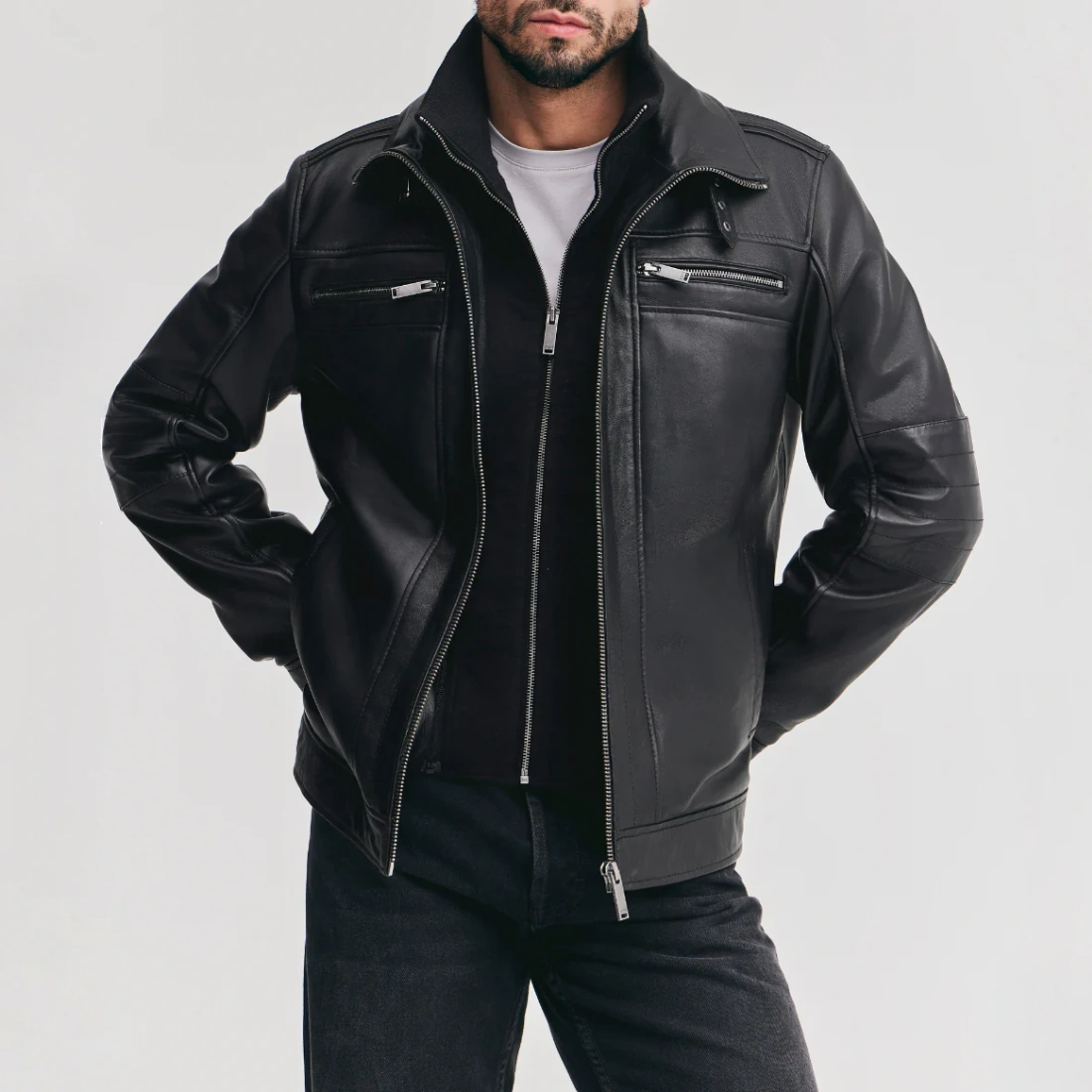 Detachable storm mens black leather jacket
