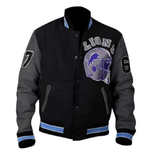 Detroit lions black letterman wool and leather varsity jacket 1