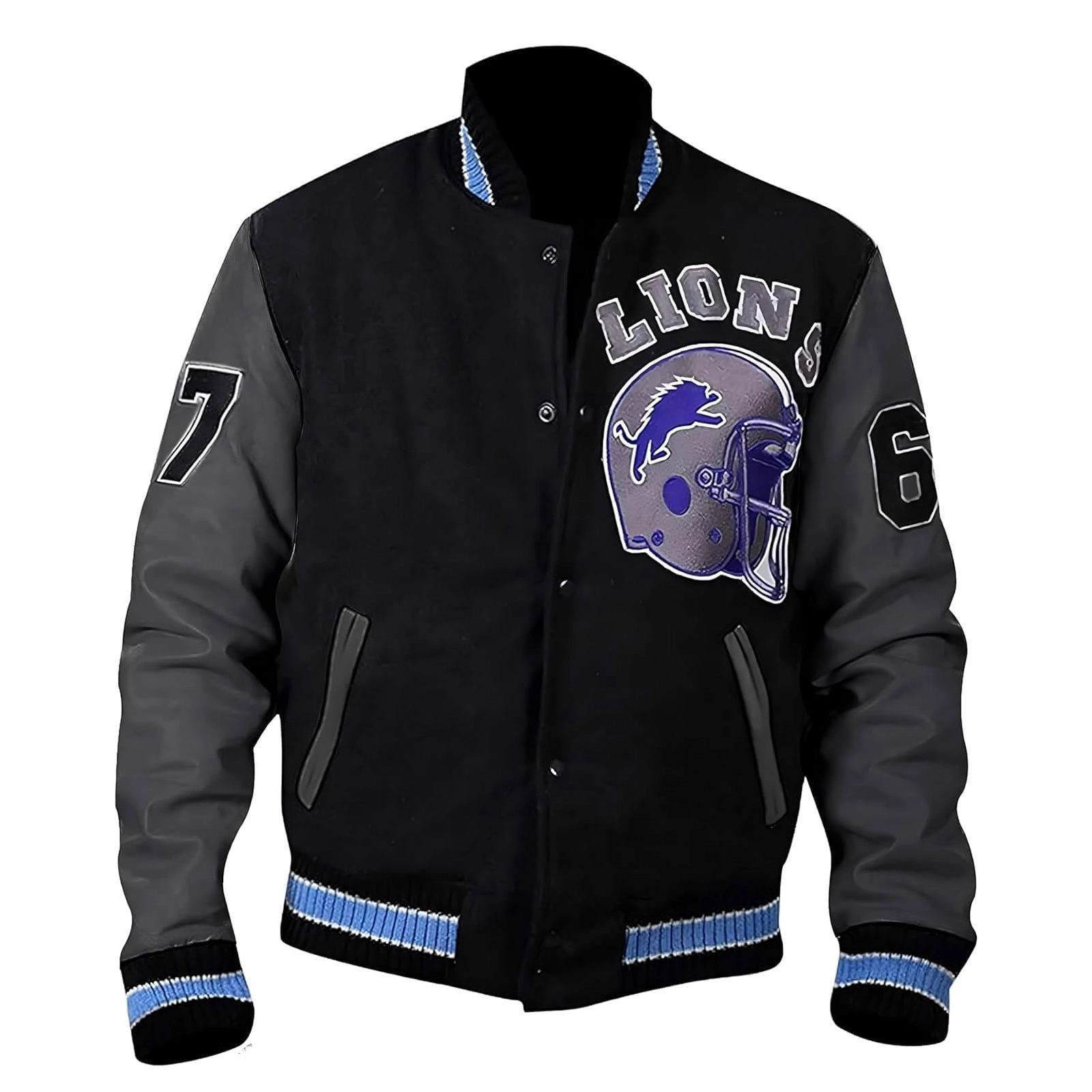 Detroit lions black letterman wool and leather varsity jacket 1