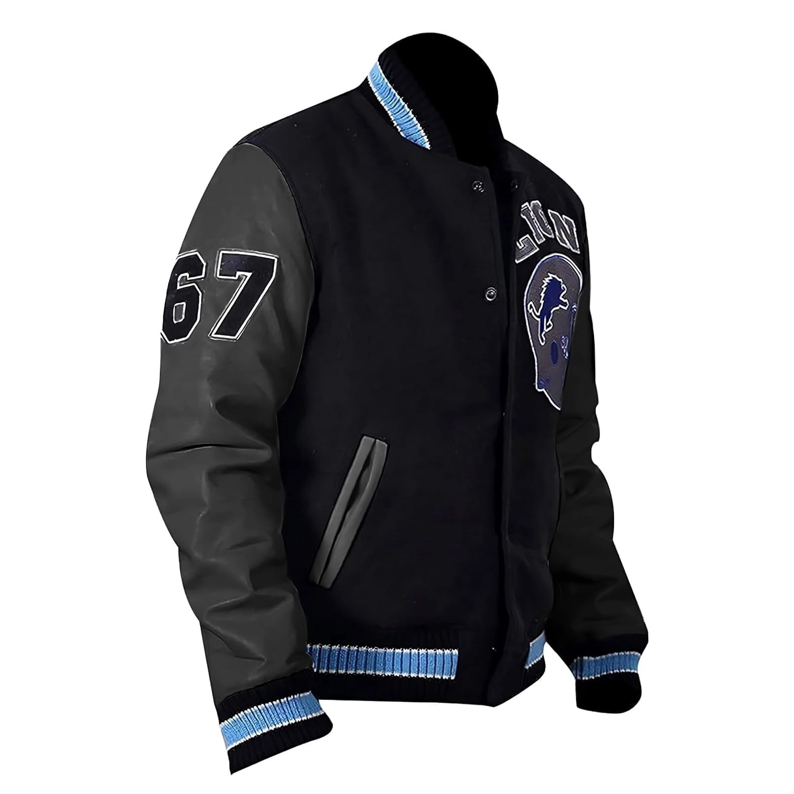 Detroit lions black letterman wool and leather varsity jacket 2