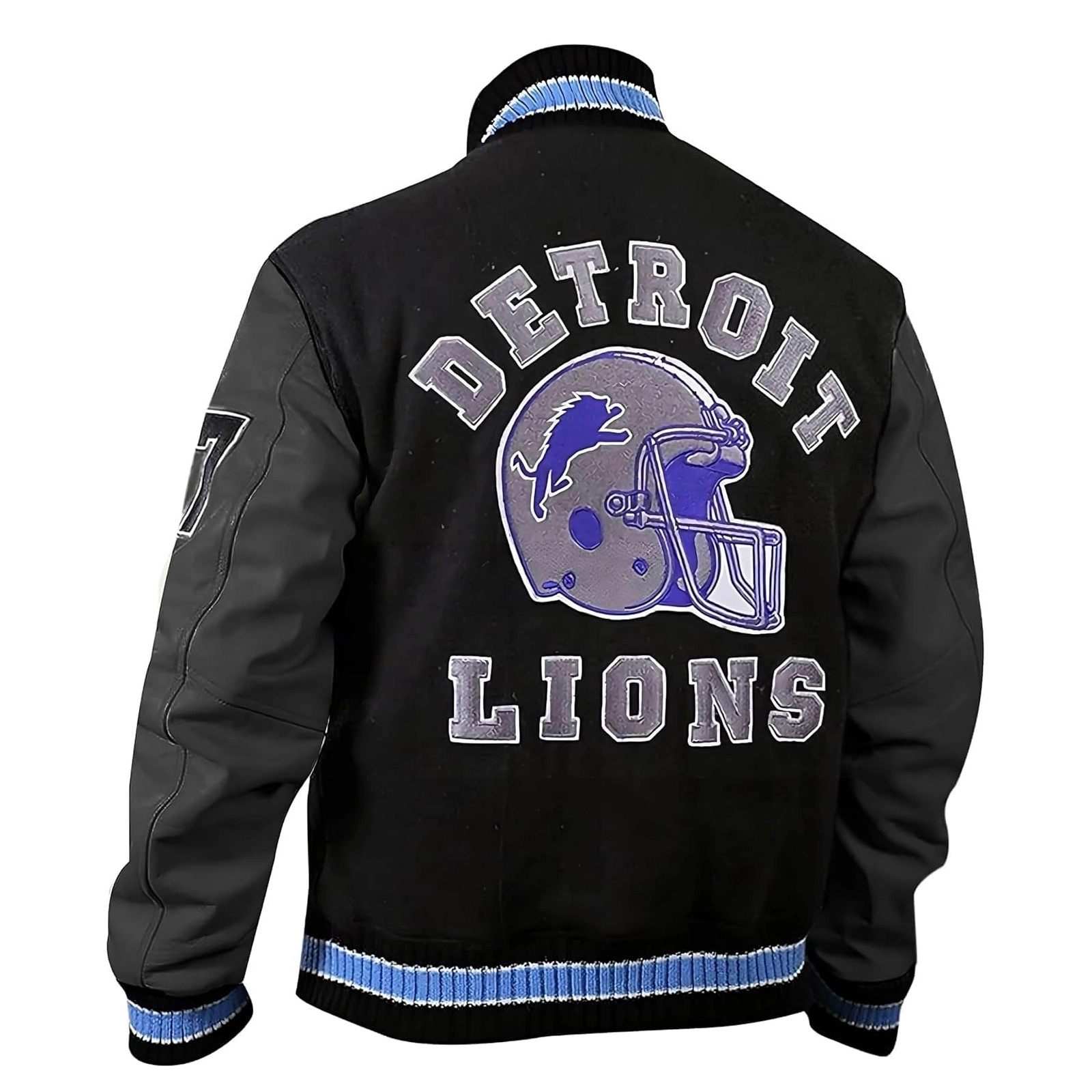 Detroit lions black letterman wool and leather varsity jacket 3