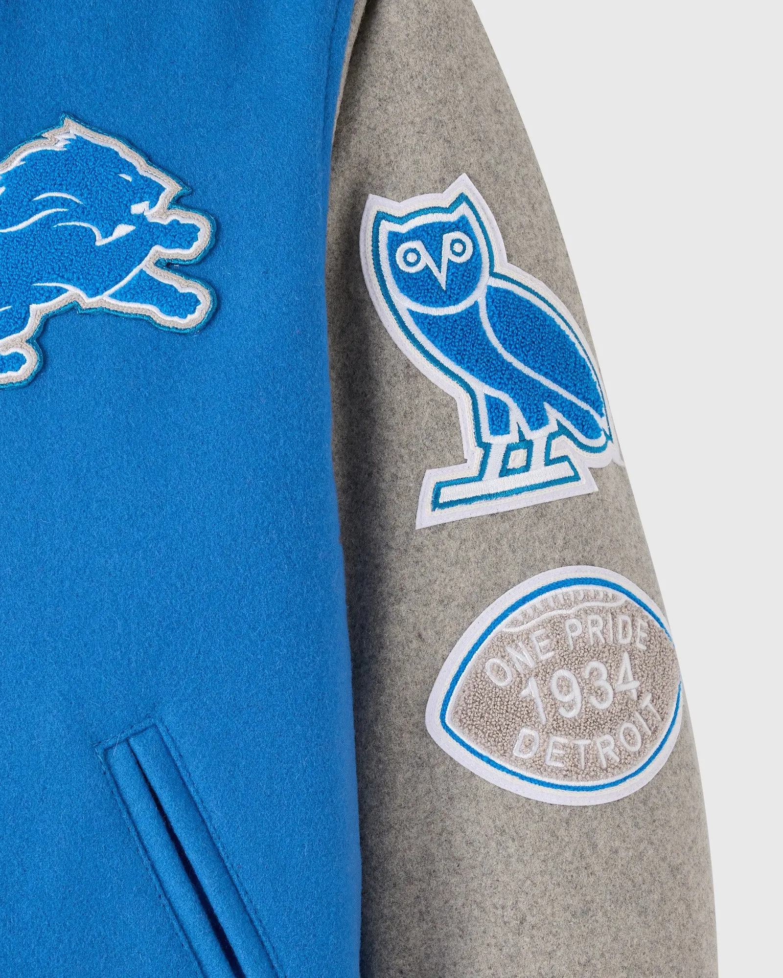 Detroit lions blue grey full snap wool left sleeve view