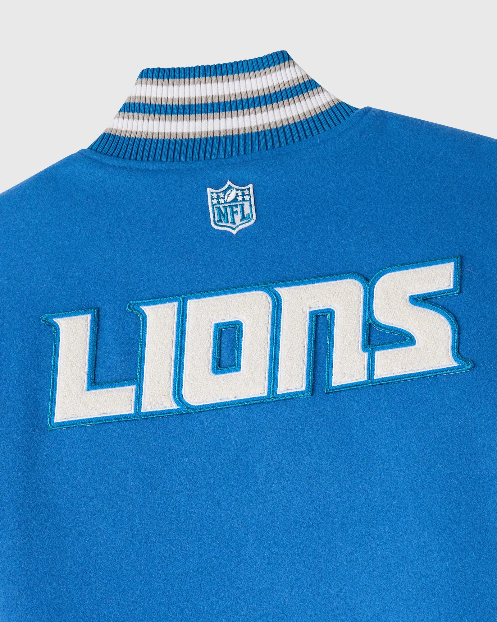 Detroit lions blue grey full snap wool varsity back view