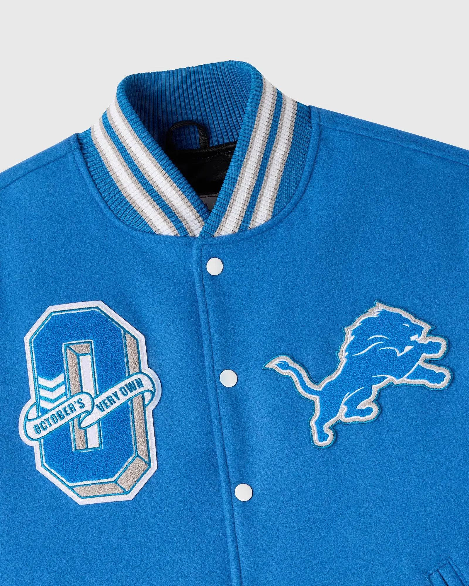 Detroit lions blue grey full snap wool varsity front view