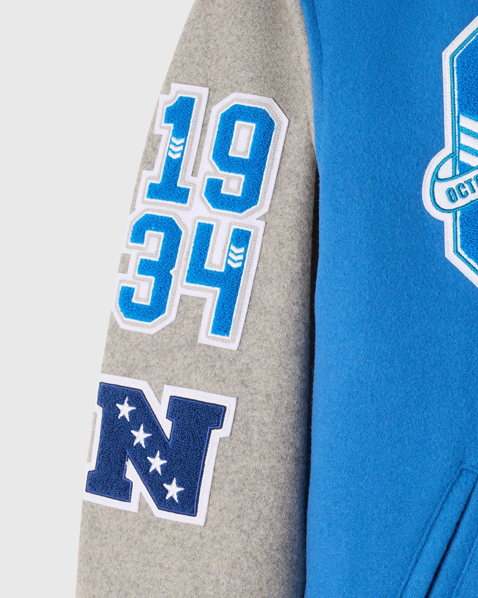 Detroit lions blue grey full snap wool varsity sleeve view