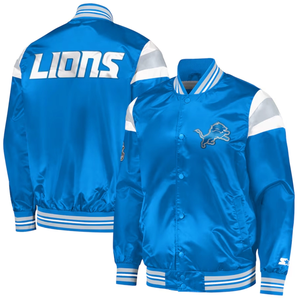 Detroit lions full snap satin varsity jacket blue 1