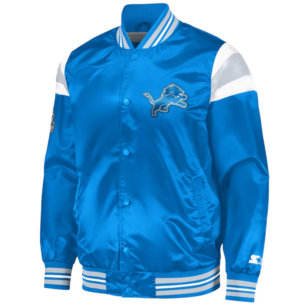 Detroit lions full snap satin varsity jacket blue 2