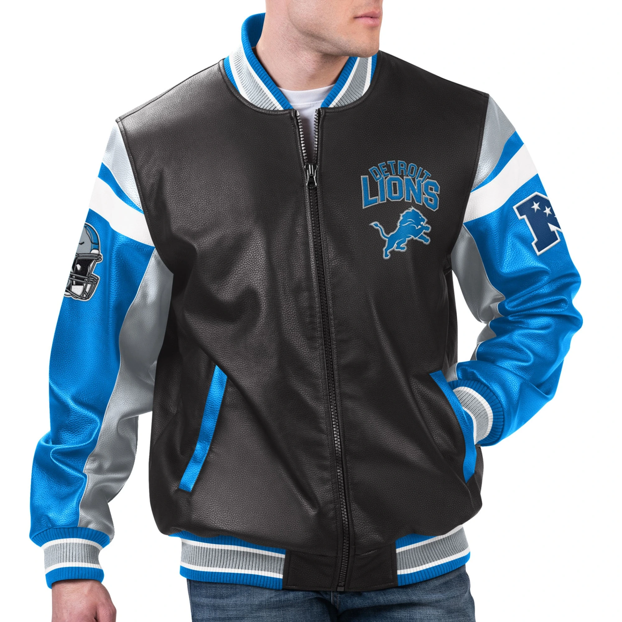 Detroit lions full zip leather varsity jacket black 1