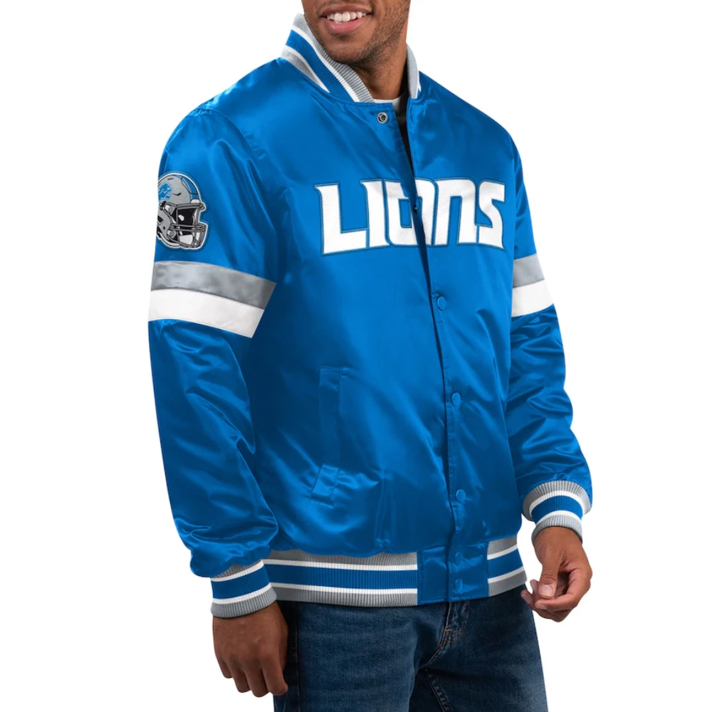 Detroit lions home game satin varsity jacket blue 1