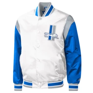Detroit lions pitch full snap satin varsity jacket white blue 1