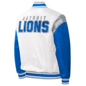 Detroit lions pitch full snap satin varsity jacket white blue