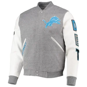 Detroit lions pro standard logo gray and white varsity jacket 1