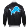 Detroit lions script tail full snap satin varsity jacket black 3