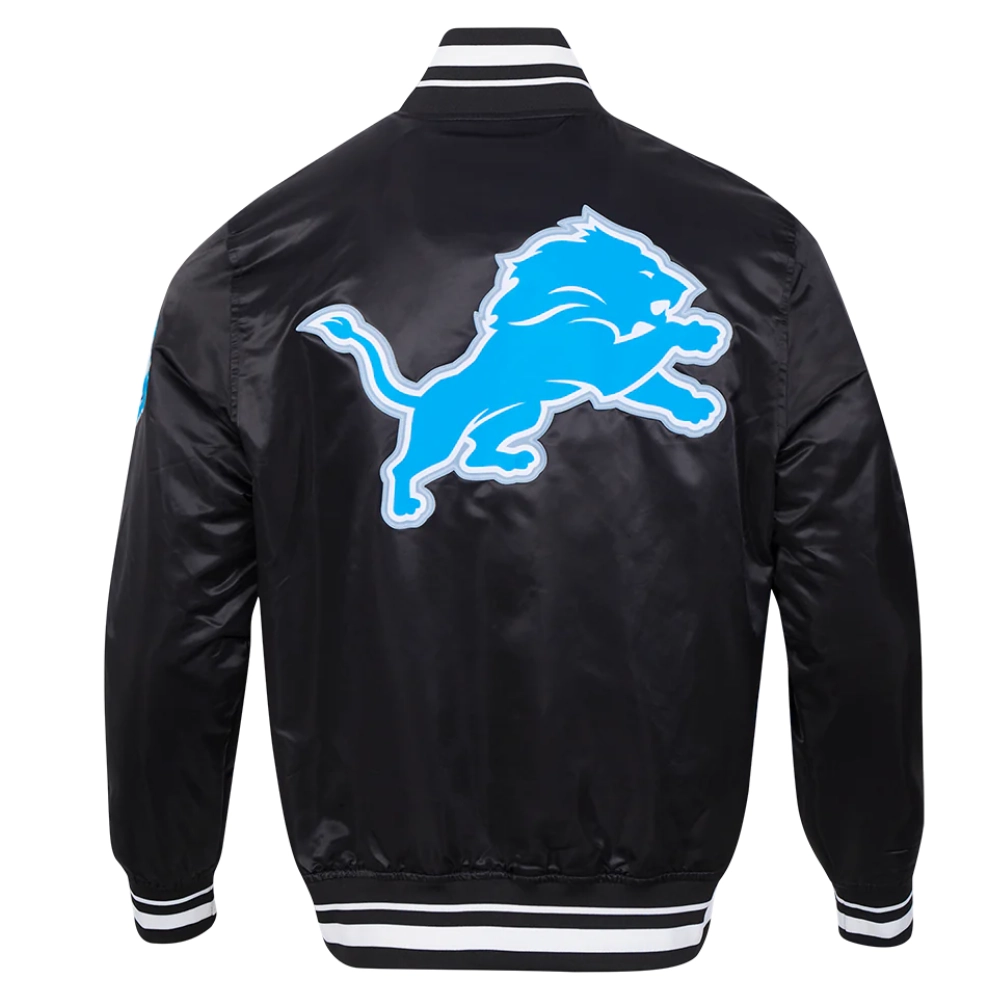 Detroit lions script tail full snap satin varsity jacket black 3