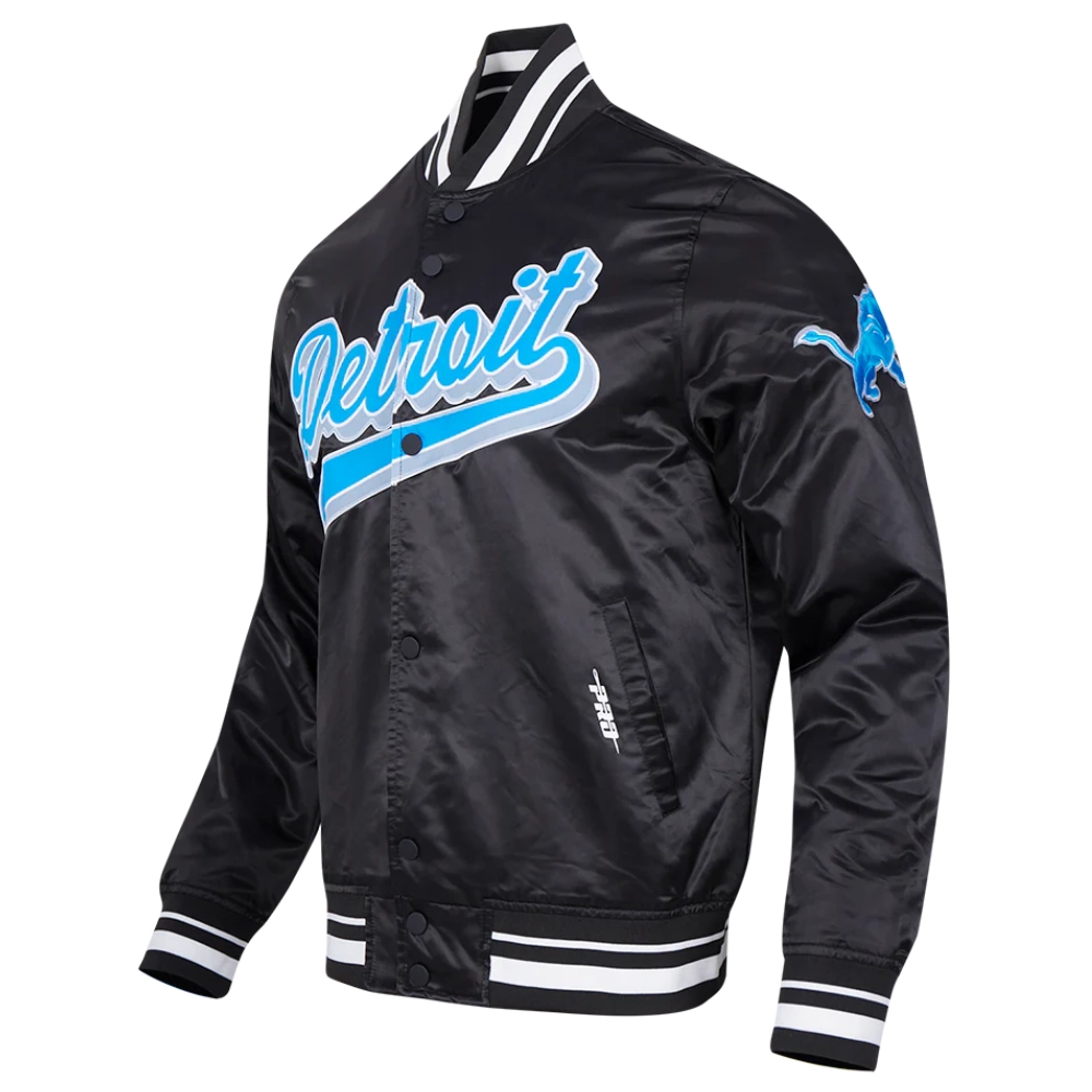 Detroit lions script tail full snap satin varsity jacket black 4