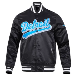 Detroit lions script tail full snap satin varsity jacket black 5