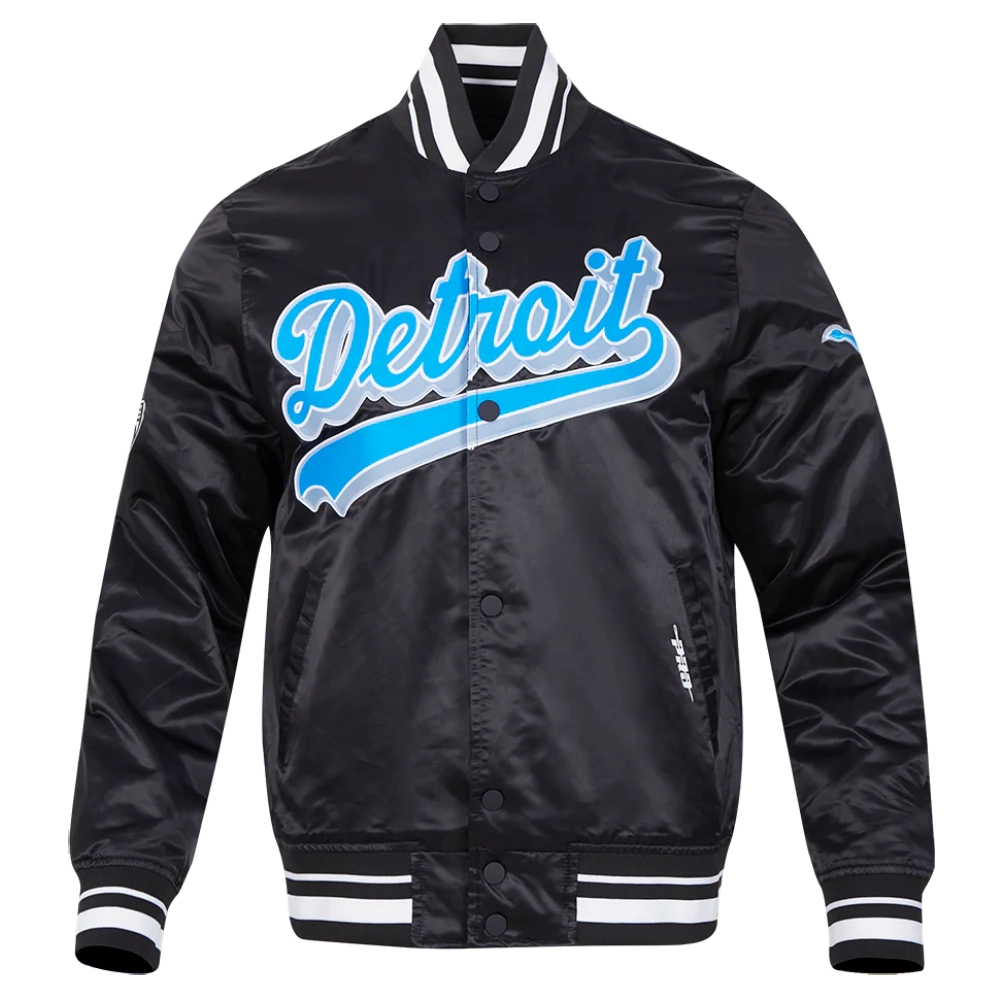 Detroit lions script tail full snap satin varsity jacket black 5