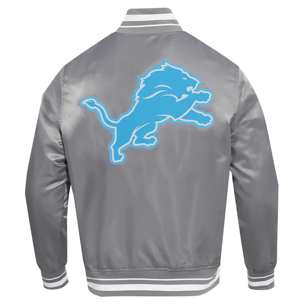 Detroit lions script tail full snap satin varsity jacket gray 3