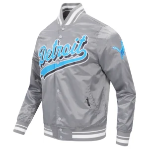Detroit lions script tail full snap satin varsity jacket gray 5