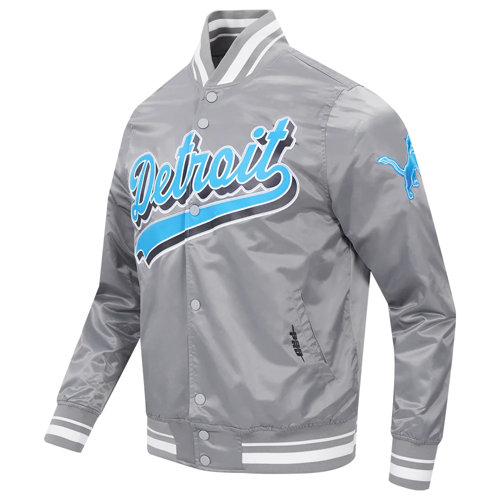 Detroit lions script tail full snap satin varsity jacket gray 5