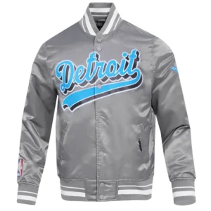 Detroit lions script tail full snap satin varsity jacket gray 6