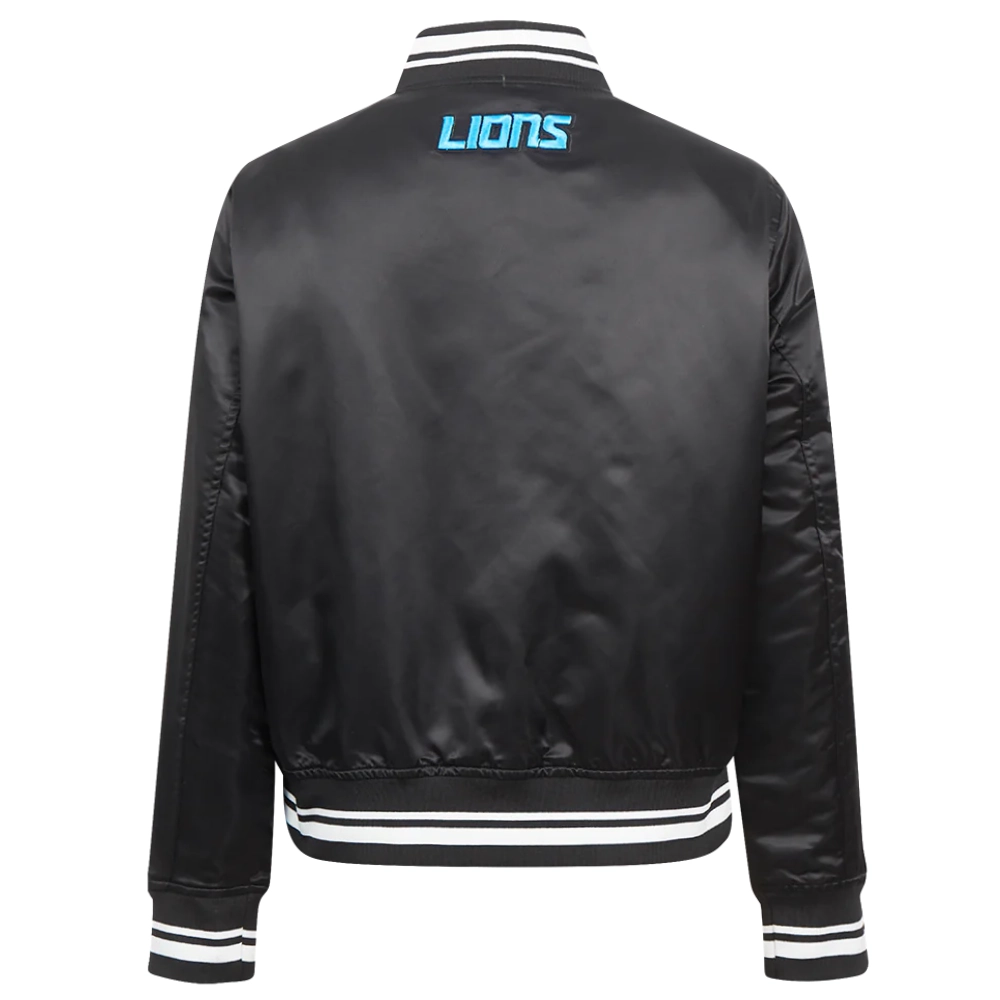 Detroit lions script tail womens full snap satin varsity jacket black 3
