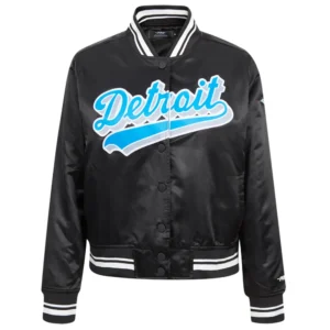 Detroit lions script tail womens full snap satin varsity jacket black 5
