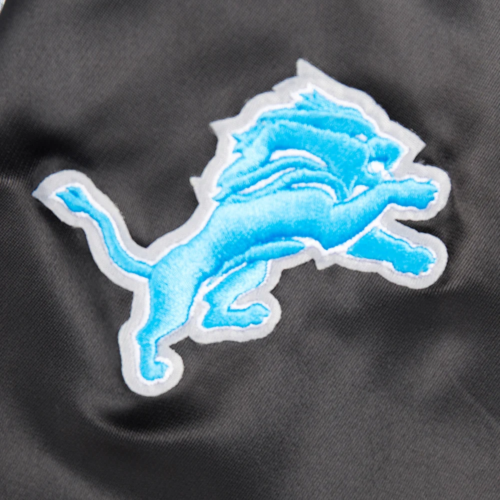 Detroit lions script tail womens full snap satin varsity jacket black