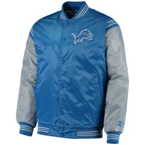 Detroit lions starter enforcer blue and gray satin varsity jacket 1