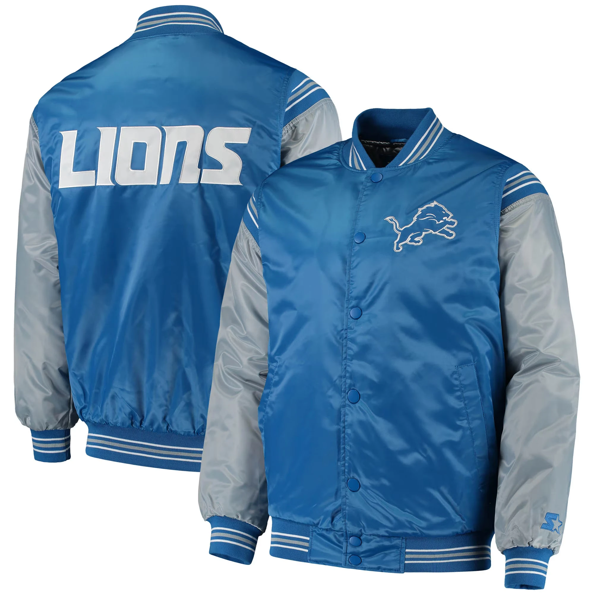 Detroit lions starter enforcer blue and gray satin varsity jacket 4
