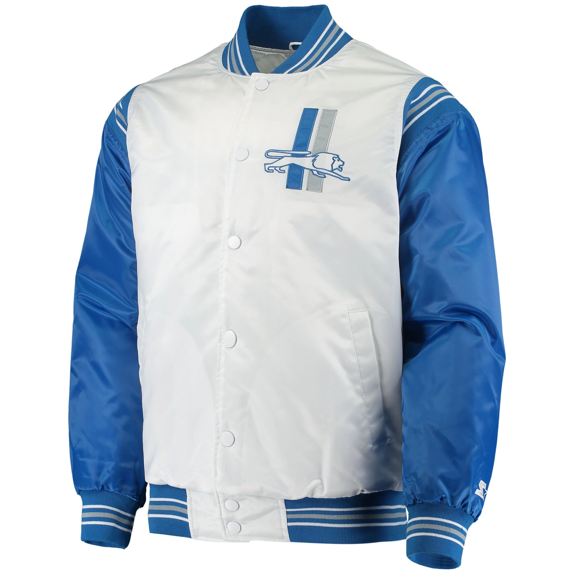 Detroit lions starter historic logo renegade white and blue satin varsity jacket 1