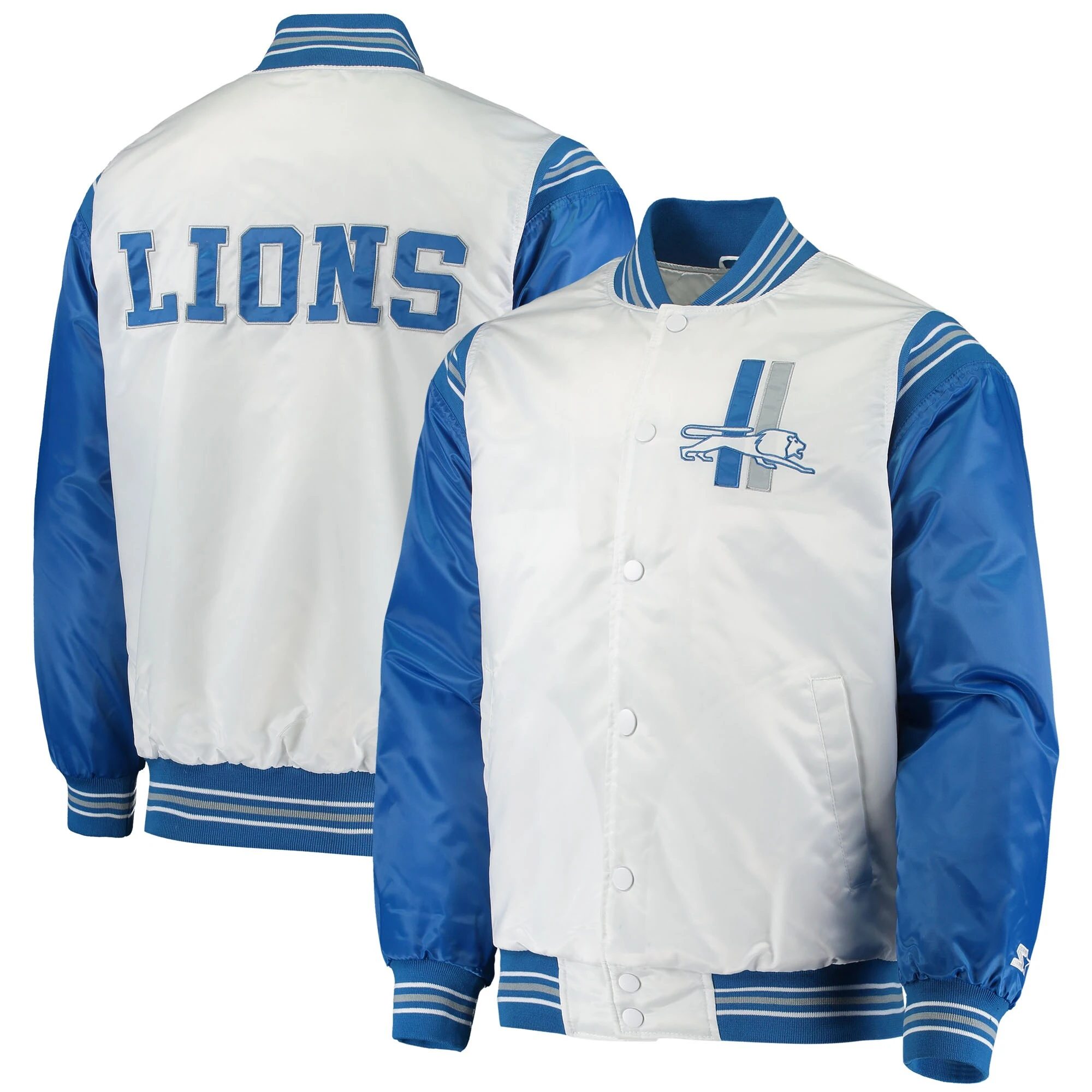 Detroit lions starter historic logo renegade white and blue satin varsity jacket 4