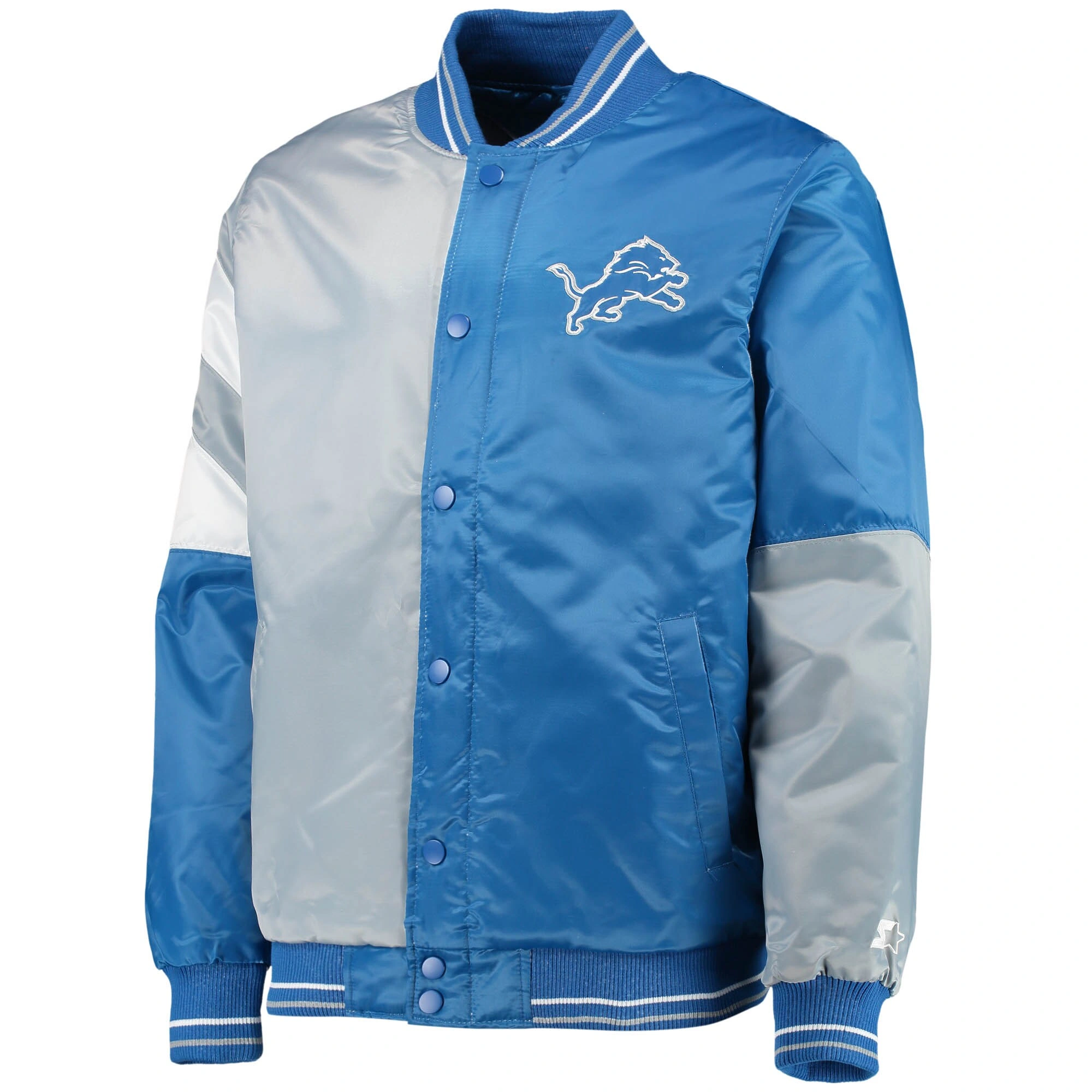 Detroit lions starter leader blue and gray satin varsity jacket 1