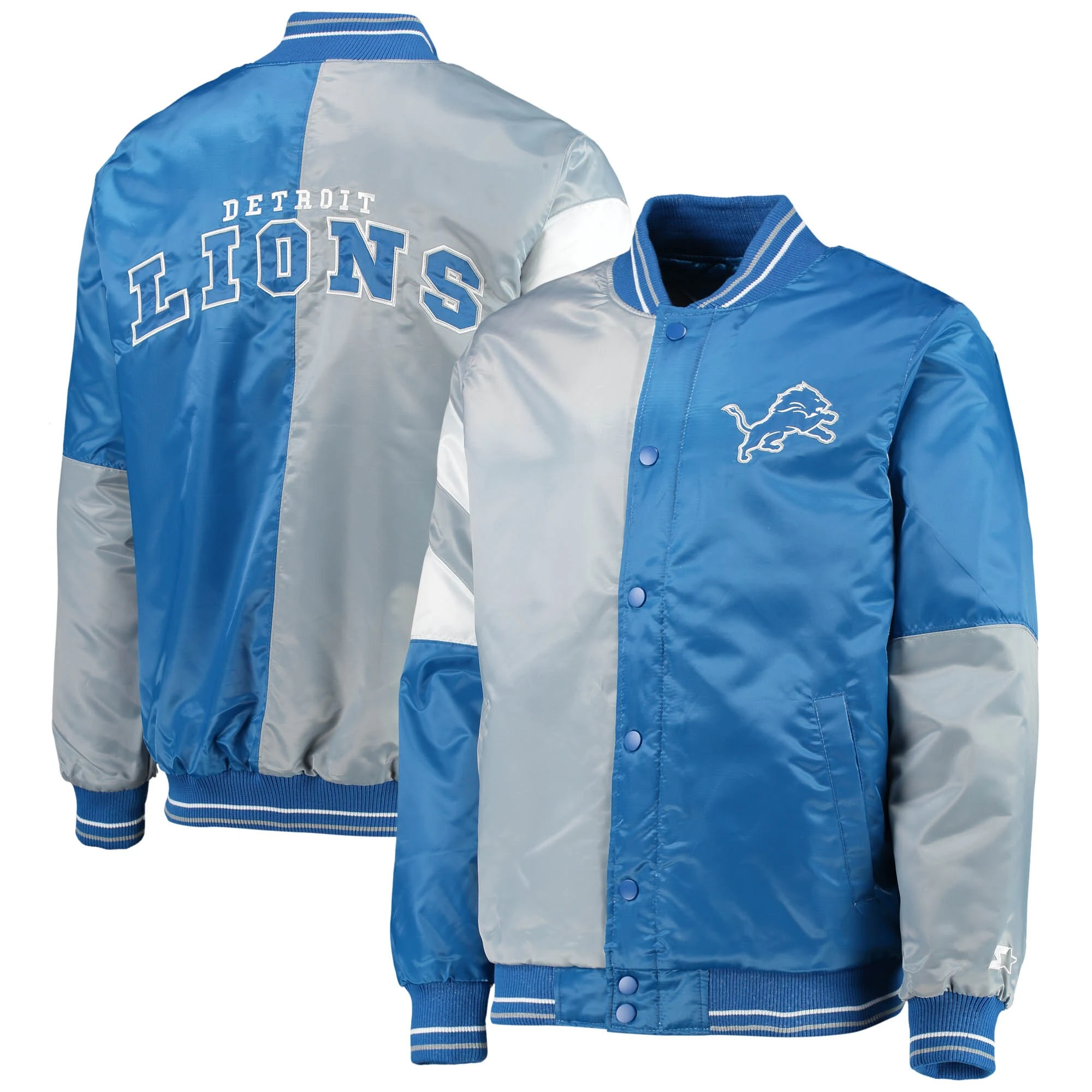Detroit lions starter leader blue and gray satin varsity jacket 4