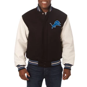 Detroit lions two tone wool leather varsity jacket black white 1