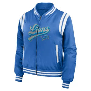 Detroit lions womens full zip bomber varsity jacket blue 1 1