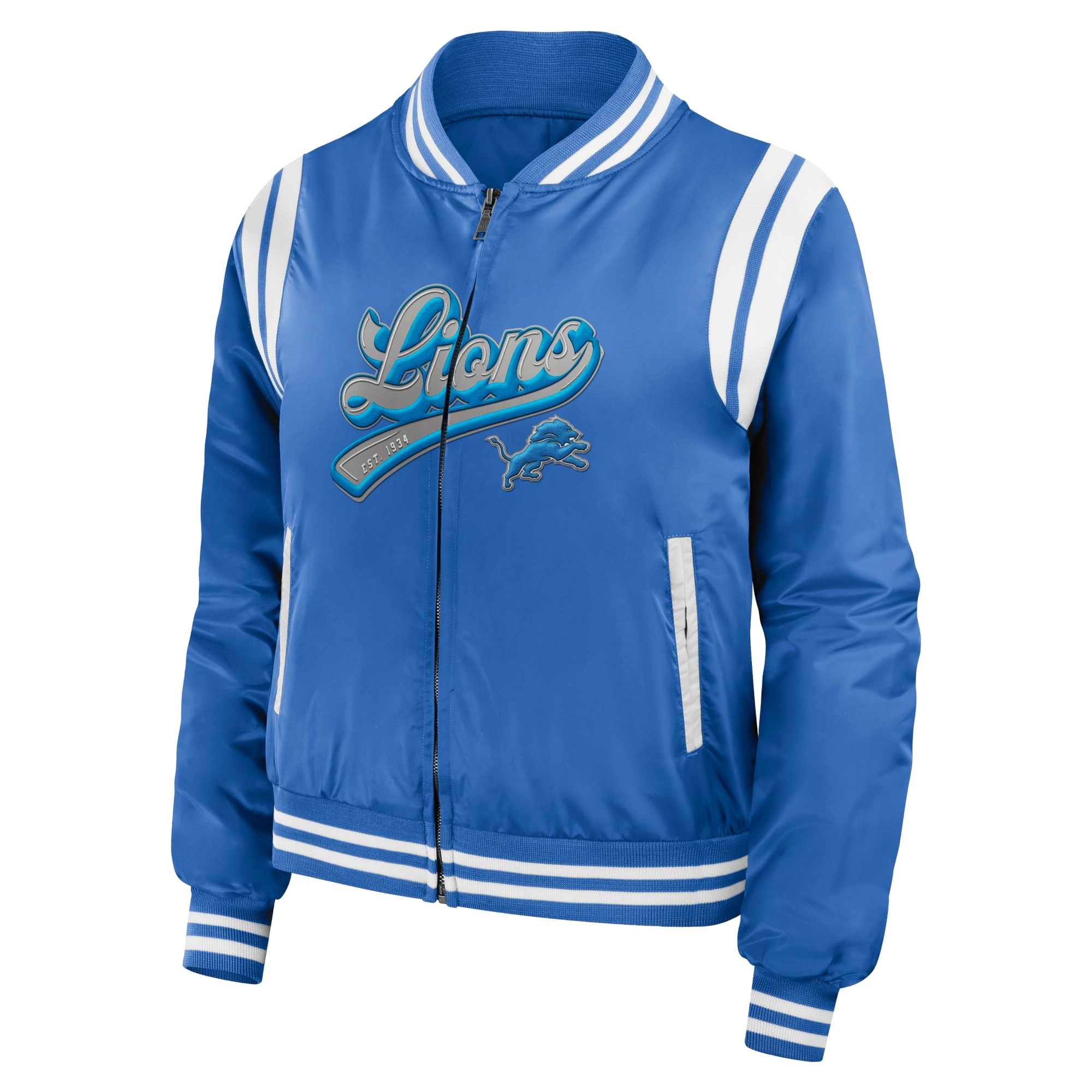 Detroit lions womens full zip bomber varsity jacket blue 1 1