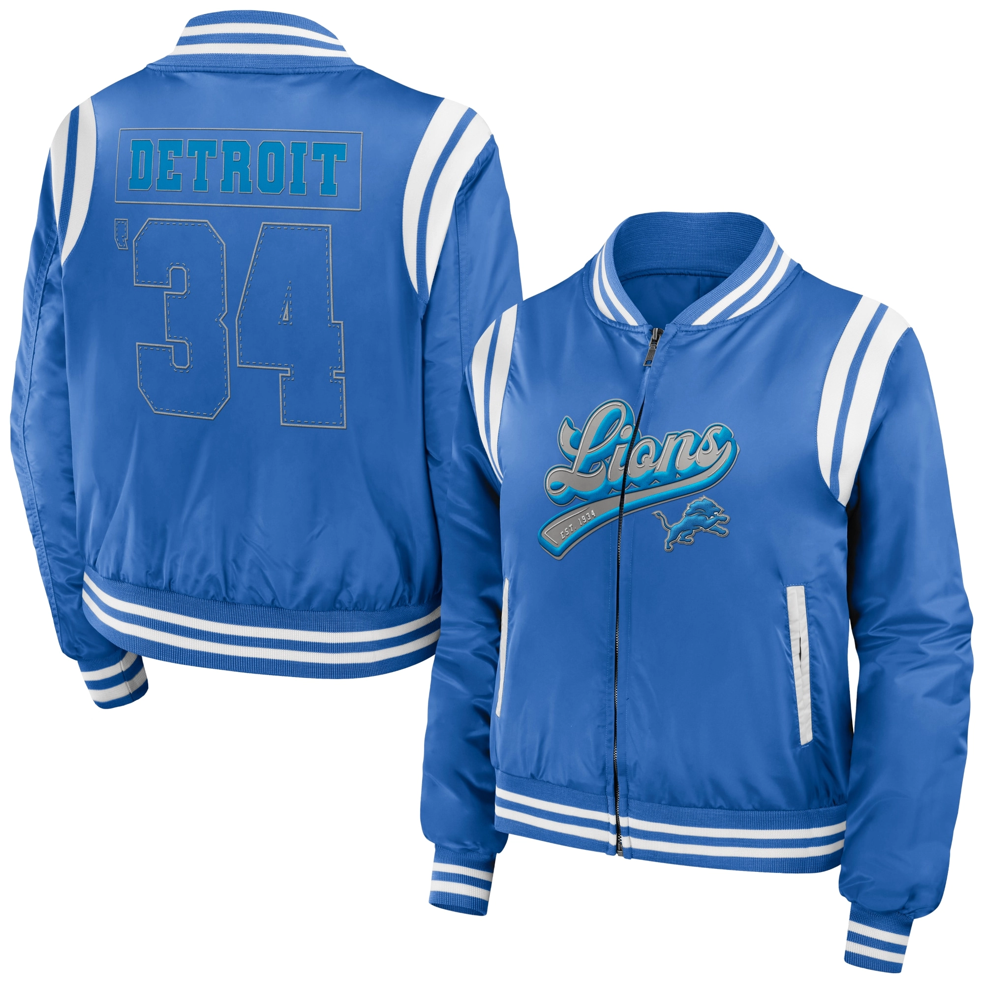 Detroit lions womens full zip bomber varsity jacket blue 1