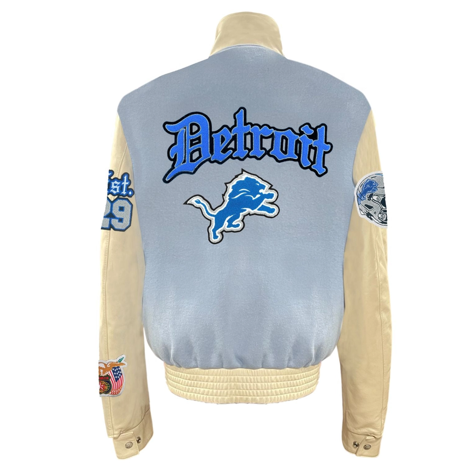 Detroit lions wool leather varsity jacket blue cream 1